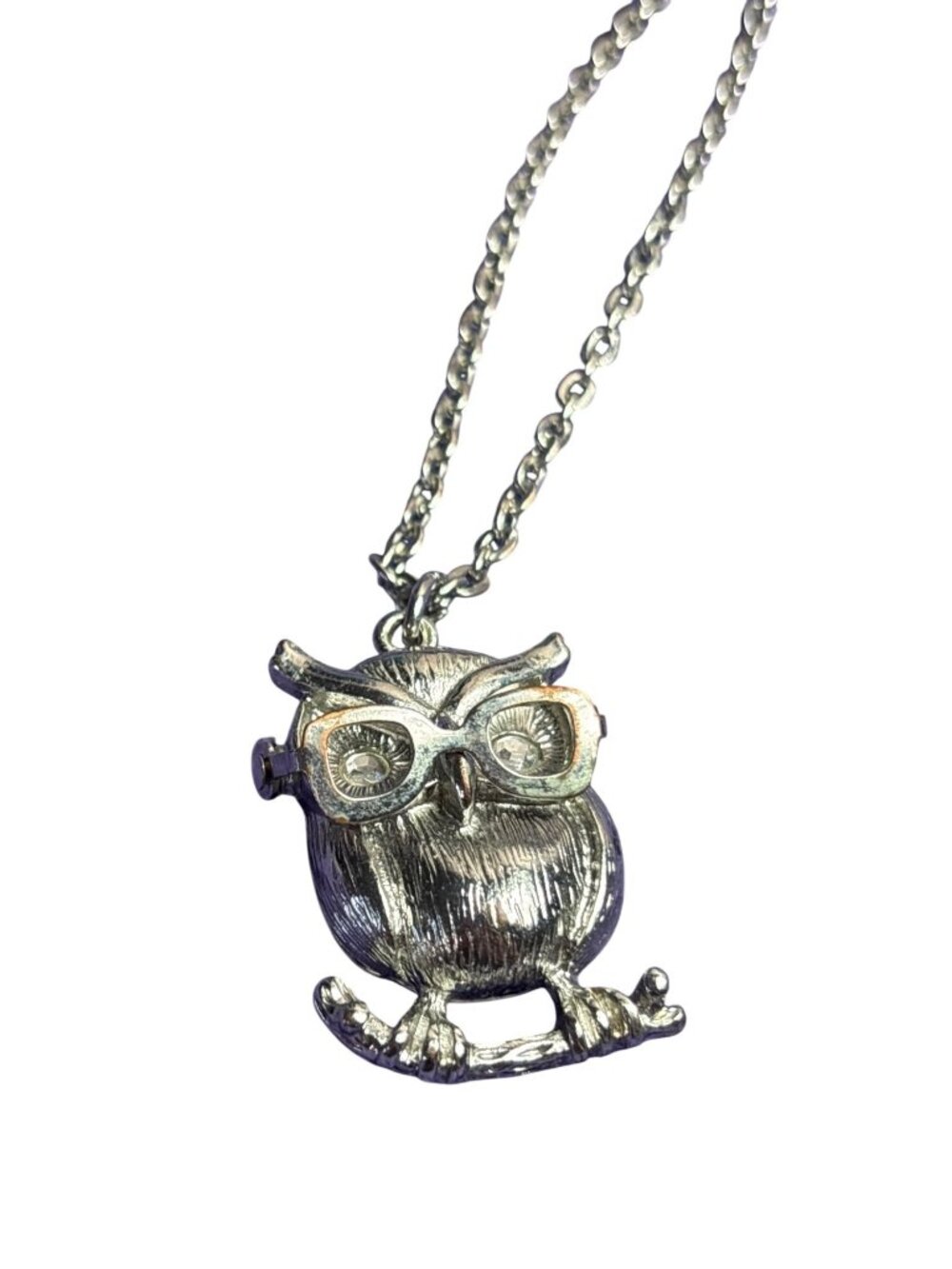 Lane Bryant Silvertone Owl Pendant Necklace Articulated Glasses Rhinestone Eyes